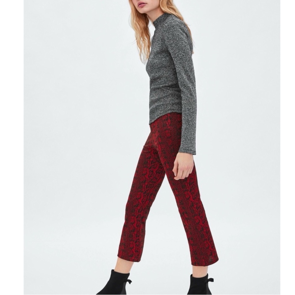 Zara Trafaluc Cropped Flare Snake Print Retro Red Black Pants NWT Boho